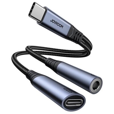 JOYROOM SY-C03 JOYROOM adapter kábel 2in1 (Type-C+3.5mm jack aljzat - Type-C, PD gyorstöltő, cipőfűző, DAC) FEKETE [Asus Zenfone 11 Ultra, Xiaomi 14 Ultra]