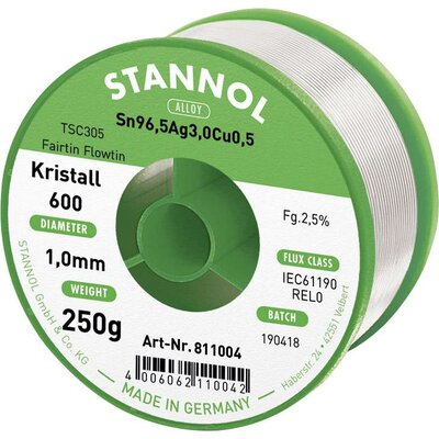 Stannol Kristall 600 Fairtin Forrasztóón, ólommentes Ólommentes Sn96,5Ag3Cu0,5 REL0 250 g 1 mm