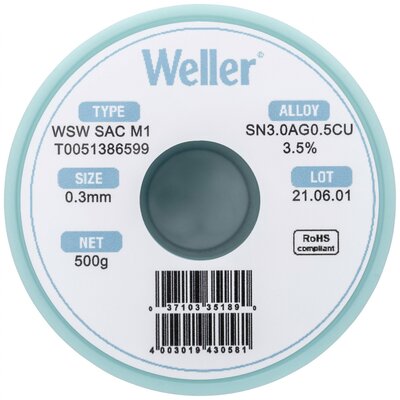 Weller T0051386599 Forrasztóón, ólommentes Tekercs, Ólommentes Sn3,0Ag0,5Cu 500 g 0.30 mm