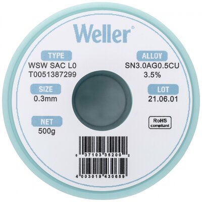Weller T0051387299 Forrasztóón, ólommentes Tekercs, Ólommentes Sn3,0Ag0,5Cu 500 g 0.30 mm
