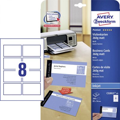 Avery-Zweckform C32015-25 Nyomtatható névjegykártyák, sima él 85 x 54 mm Fehér 200 db Papírformátum: DIN A4
