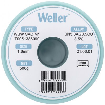 Weller T0051386099 Forrasztóón, ólommentes Tekercs, Ólommentes Sn3,0Ag0,5Cu 500 g 1.60 mm