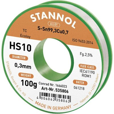 Stannol HS10 2,5% 0,3MM SN99,3CU0,7 CD 100G Forrasztóón, ólommentes Ólommentes, Tekercs Sn99,3Cu0,7 ROM1 100 g 0.3 mm