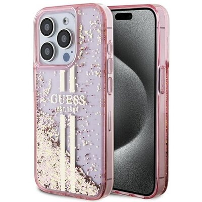 Eredeti tok GUESS GUHCP15LLFCSEGP for iPhone 15 Pro (Liquid Glitter Gold Stripes / pink)