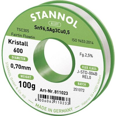 Stannol Kristall 600 Fairtin Forrasztóón, ólommentes Ólommentes Sn96,5Ag3Cu0,5 REL0 100 g 0.7 mm