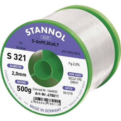 Stannol S321 2,0% 2,0MM SN99,3CU0,7CD 500G Forrasztóón, ólommentes Ólommentes, Tekercs Sn99,3Cu0,7 ORH1 500 g 2 mm