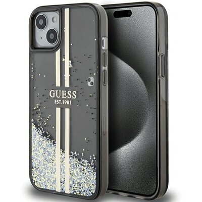Eredeti előlap tok GUESS GUHCP15SLFCSEGK iPhone 15 készülékhez (Liquid Glitter Gold Stripes / fekete)