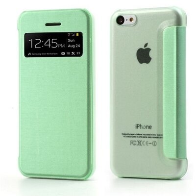 Telefontok álló, bőr hatású (flip, oldalra nyíló, hívószámkijelzés, és hívás felvételhez kivágás) Zöld [Apple iPhone 5C]