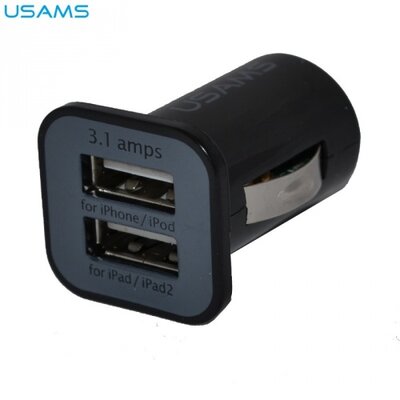 Usams szivargyújtó töltő/autós töltő 2 x USB aljzat (1x 5V / 1000mA, 1x 5V / 2100mA, kábel NÉLKÜL!) FEKETE
