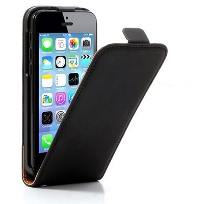 Telefontok álló, bőr hatású (FLIP, lefelé nyíló, szilikon tartó) fekete [Apple iPhone 5C]
