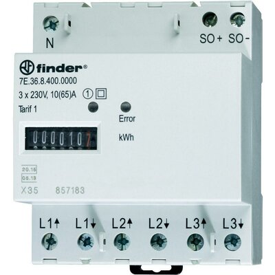 DIN sínre szerelhető fogyasztásmérő 65 A, 3 x 230 V/AC, 3 fázis, 999999.9 kWh, Finder 7E.36.8.400.0010